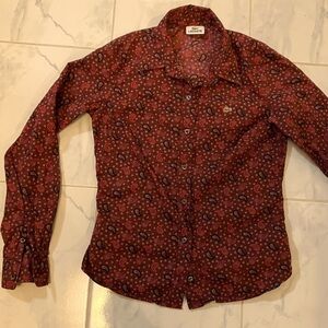 Lacoste burgundy / red paisley long sleeve collared blouse. EUC!